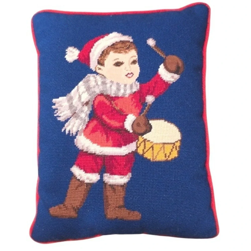Vintage Christmas Needlepoint Throw Pillow, Little Drummer, Red Corduroy 15